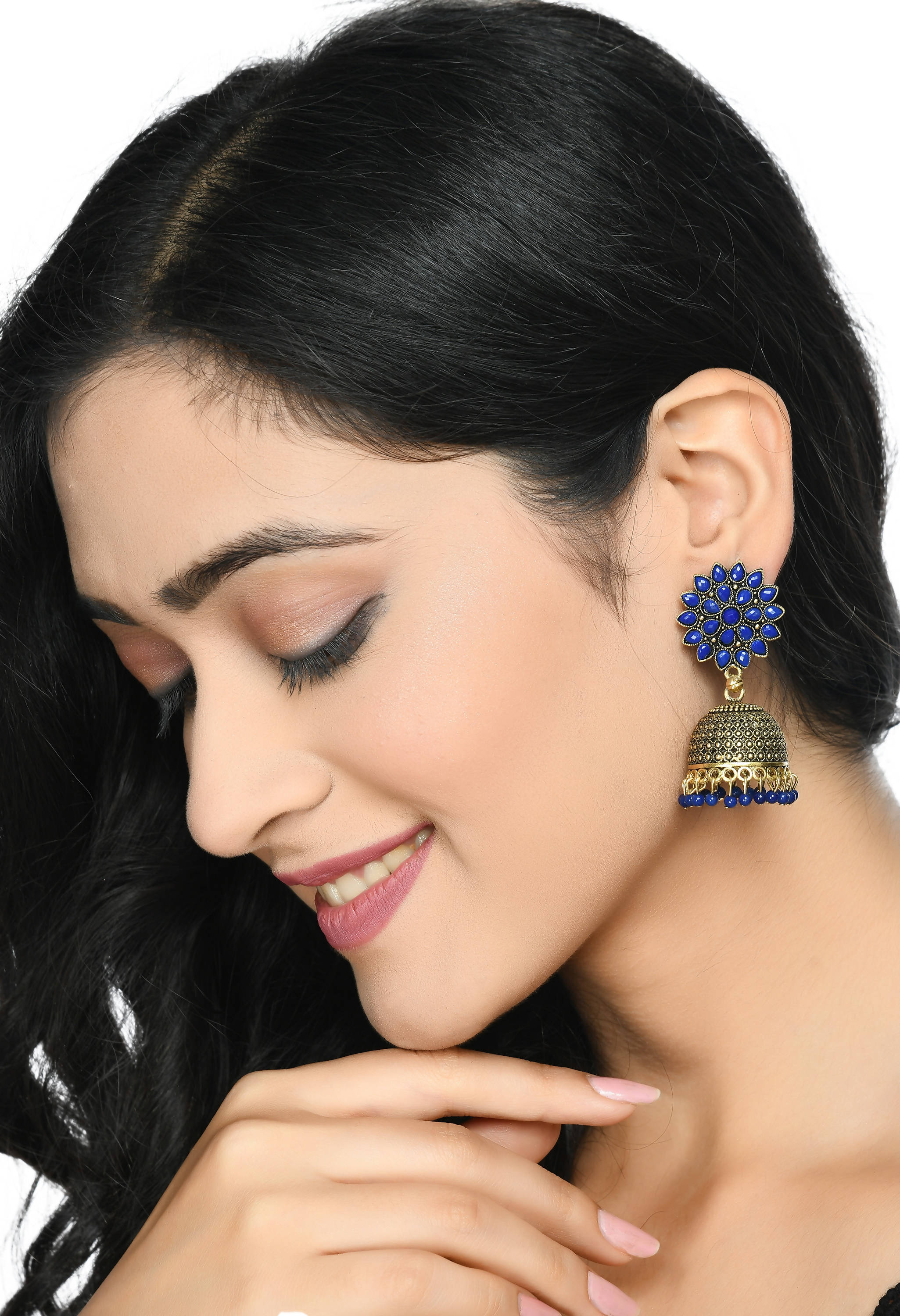 Mominos Fashion Johar Kamal Kundan Work Jhumka With Blue Beads For Women - Distacart