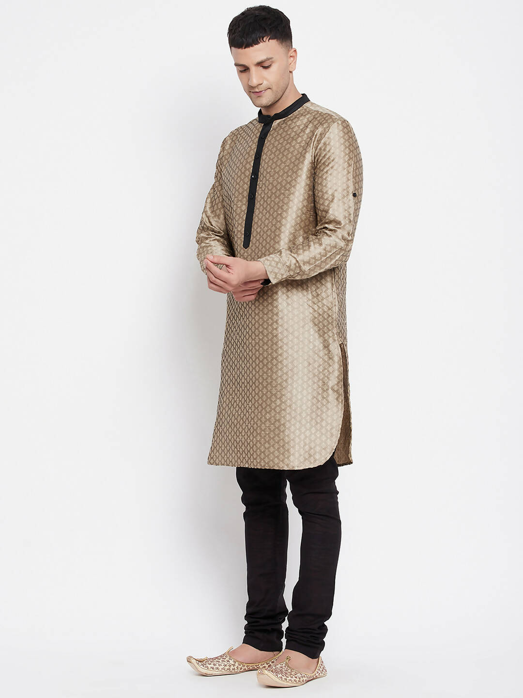 Even Apparels Beige Art Silk Men's Kurta With Contrast Collar And Placket - Distacart
