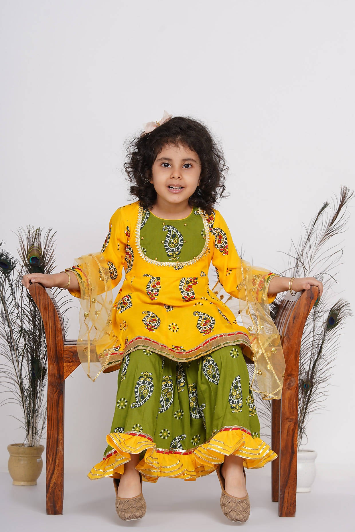 Little Bansi Cotton Floral Kurta with Frill Sharara & Dupatta - Yellow & Green - Distacart