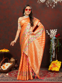 Thumbnail for Lorenvalley Fashion Orange Soft Silk Woven Design with Zari Weaving Leheriya Design Saree - Distacart
