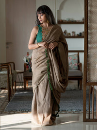 Thumbnail for Suta Taupe Solid Cotton Blend Saree - Distacart