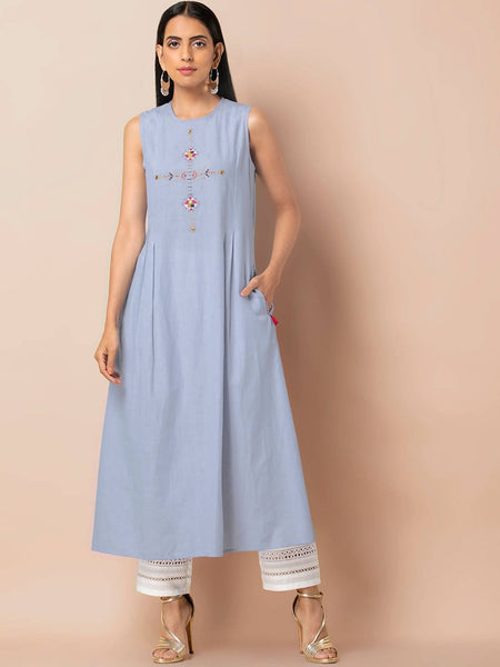 Indya Women Blue Solid A-Line Kurta - Distacart