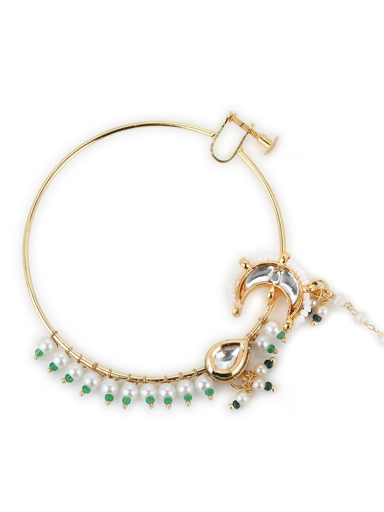 Gold-Plated White Green Kundan-Studded Pearl Beaded Nosepin - Ruby Raang - Distacart