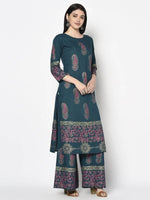 Thumbnail for Aniyah Rayon Teal Blue Color Block Print Straight Kurta Palazzo Set (AN-223K)