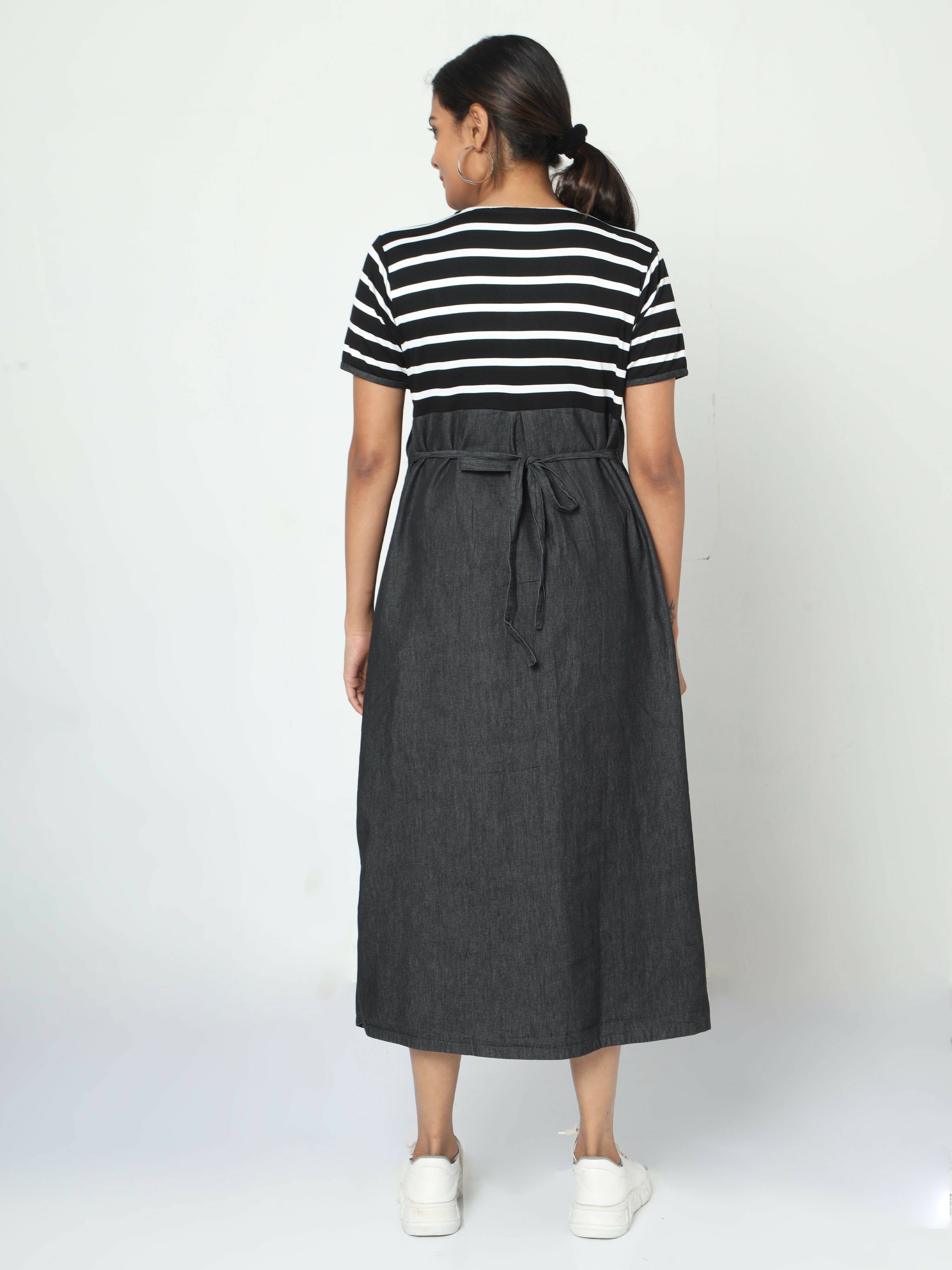 Manet Half Sleeves Maternity Dress White Striped With Concealed Zipper Nursing Access - Black - Distacart