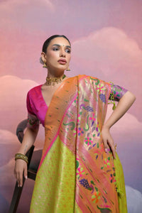 Thumbnail for Vishnu Weaves Women's Mahendi Paithani Silk Zari Woven Saree with Blouse - Distacart