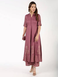 Thumbnail for Aniyah Rayon Block Print Flared Anarkali Kurta Dusty Pink (AN-157K)