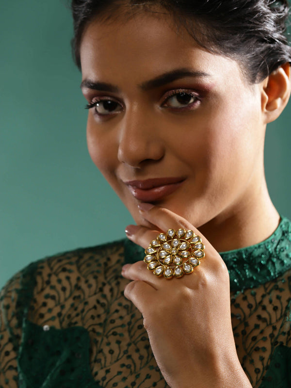 Gold-Plated White Kundan-Studded Adjustable Finger Ring - Ruby Raang - Distacart