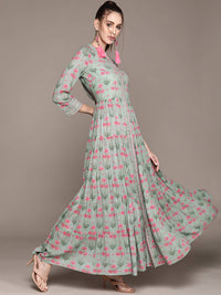 Thumbnail for Ritu Kumar Grey & Green Floral Ethnic Maxi Dress - Distacart