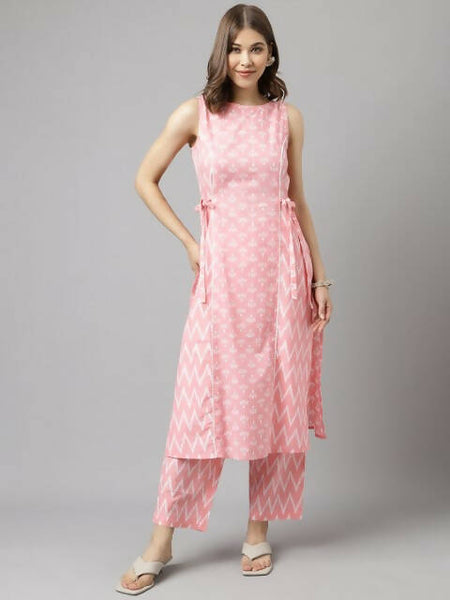 FIORRA Women's Baby Pink Cotton A-Line Kurta Set - Distacart