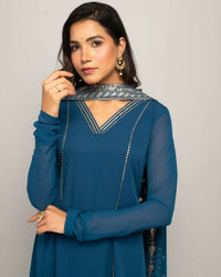 Thumbnail for FIORRA Women's Teal Blue Creap A-Line Kurta Pant With Dupatta - Distacart