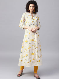 Thumbnail for NOZ2TOZ Off-White & Mustard Yellow Printed A-Line Kurta - Distacart