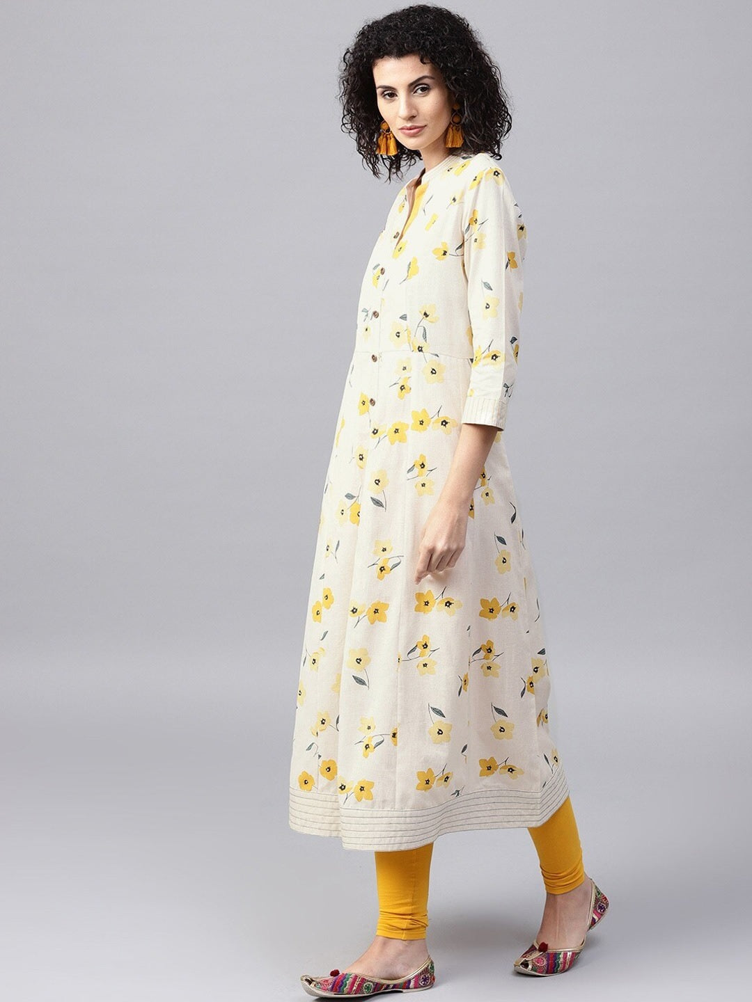 NOZ2TOZ Off-White & Mustard Yellow Printed A-Line Kurta - Distacart