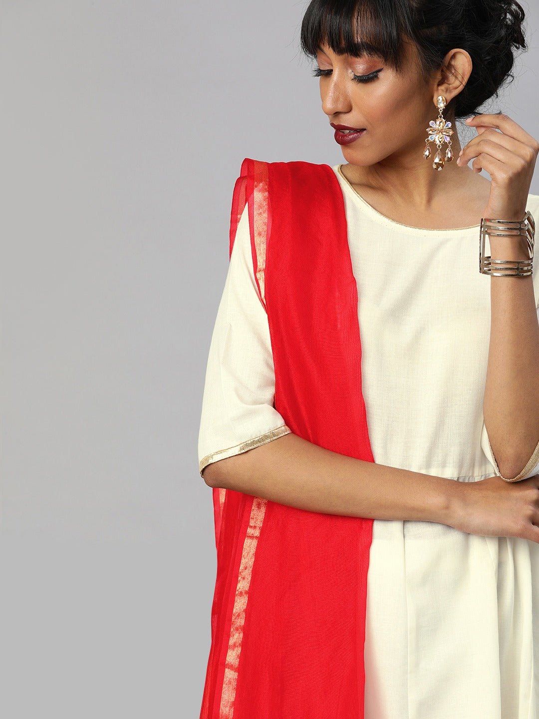 NOZ2TOZ Off-White & Red Printed Anarkali Kurta With Palazzos & Dupatta - Distacart