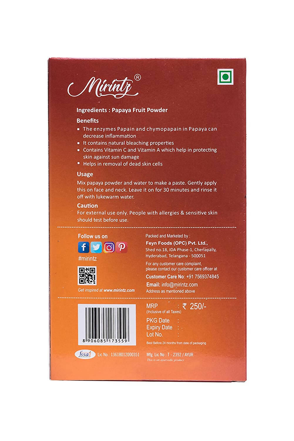 Mirintz Papaya Fruit Powder For Face - Distacart