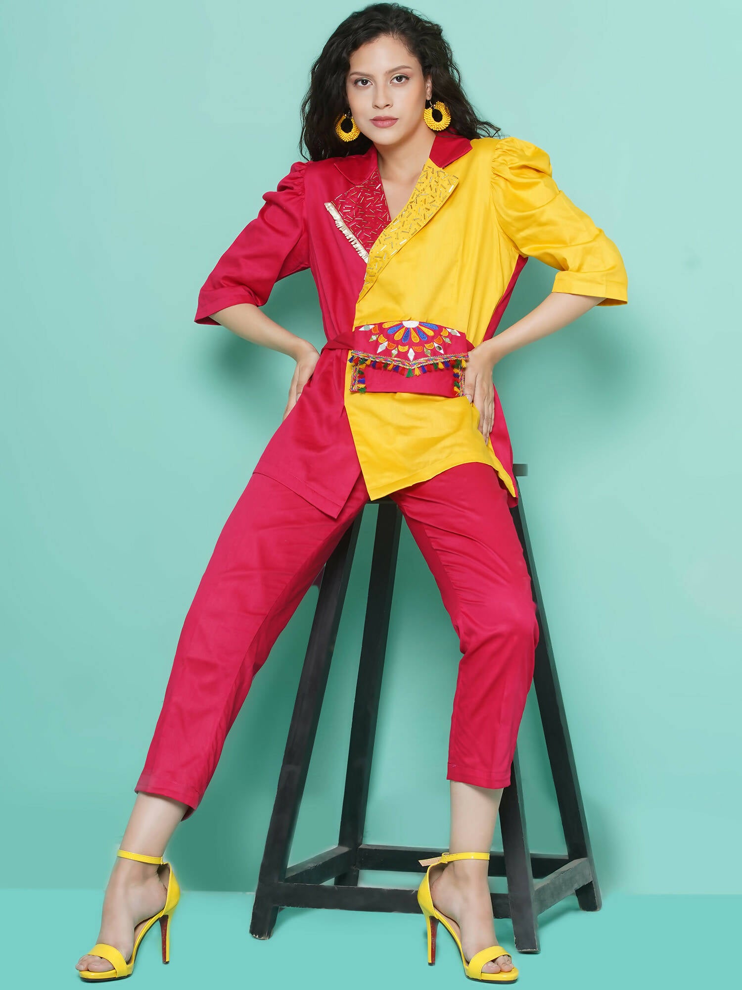 Women Republic Pink And Yellow Cotton Silk hand Embellished Coord set with Pouch - Distacart