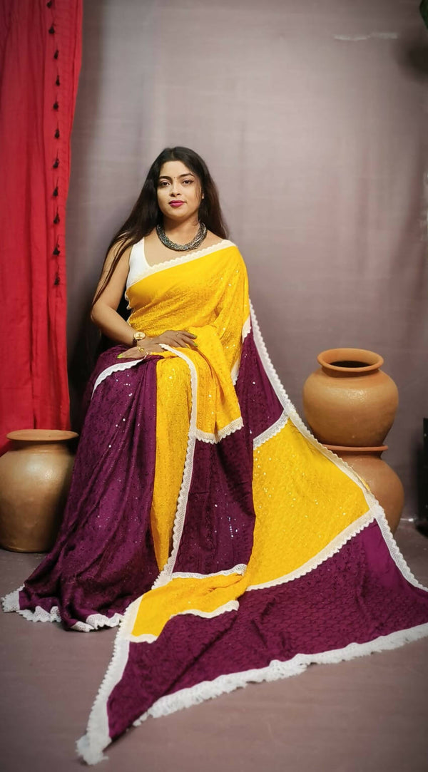 Exclusive Collection Chikankari Sequence Saree - Yellow & Maroon - Distacart