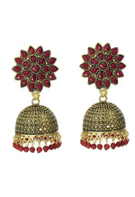 Thumbnail for Mominos Fashion Joharkamal Kundan work Jhumka with Maroon Beads - Distacart