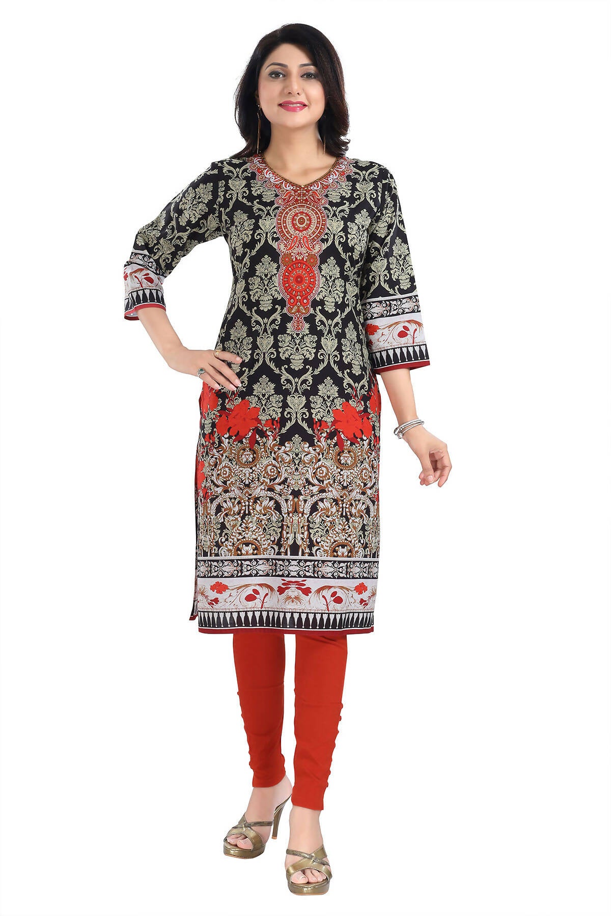 Snehal Creations Deep Black Designer Digital Print Cotton Slub Fabric Long Kurti Tunic - Distacart