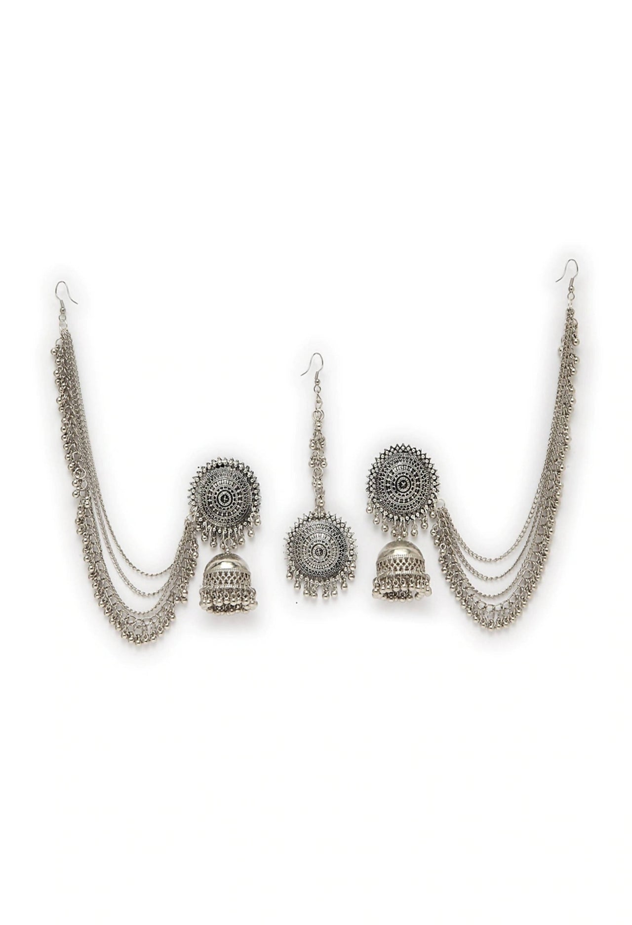 Mominos Fashion Johar Kamal Bahubali Silver Colour Earrings With Tikka - Distacart