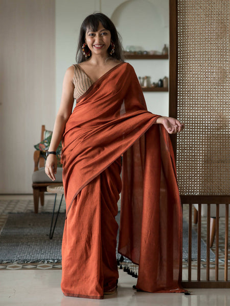 Suta Rust Solid Cotton Blend Saree - Distacart