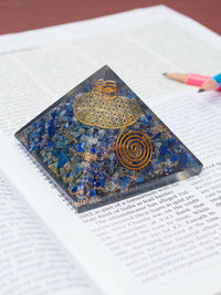 Thumbnail for Golden Peacock Blue & Gold-Toned Lapis Lazuli Orgone Stone Pyramid Prism Paperweight - Distacart