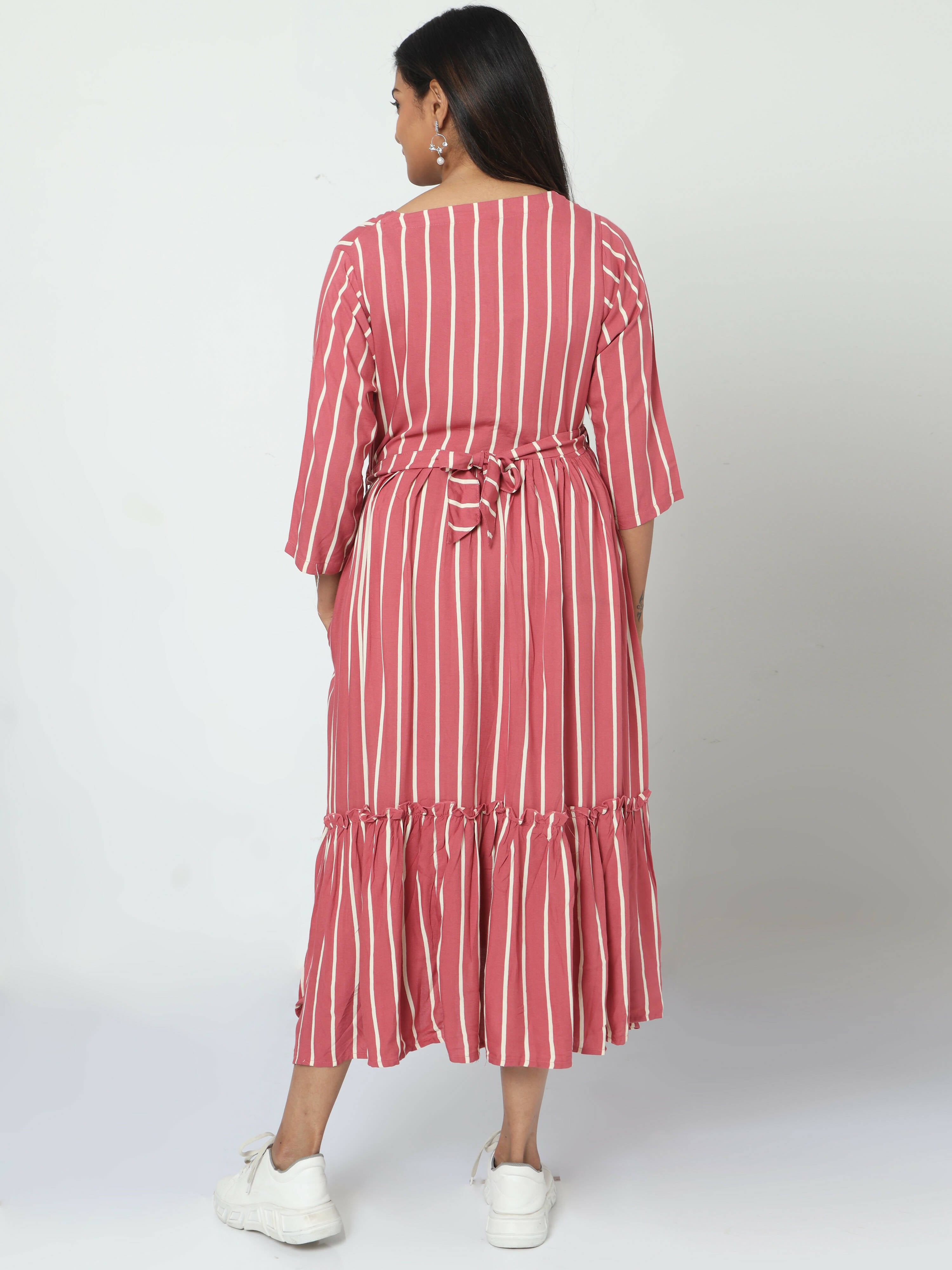 Manet Three Fourth Maternity Dress Striped With Concealed Zipper Nursing Access - Pink - Distacart