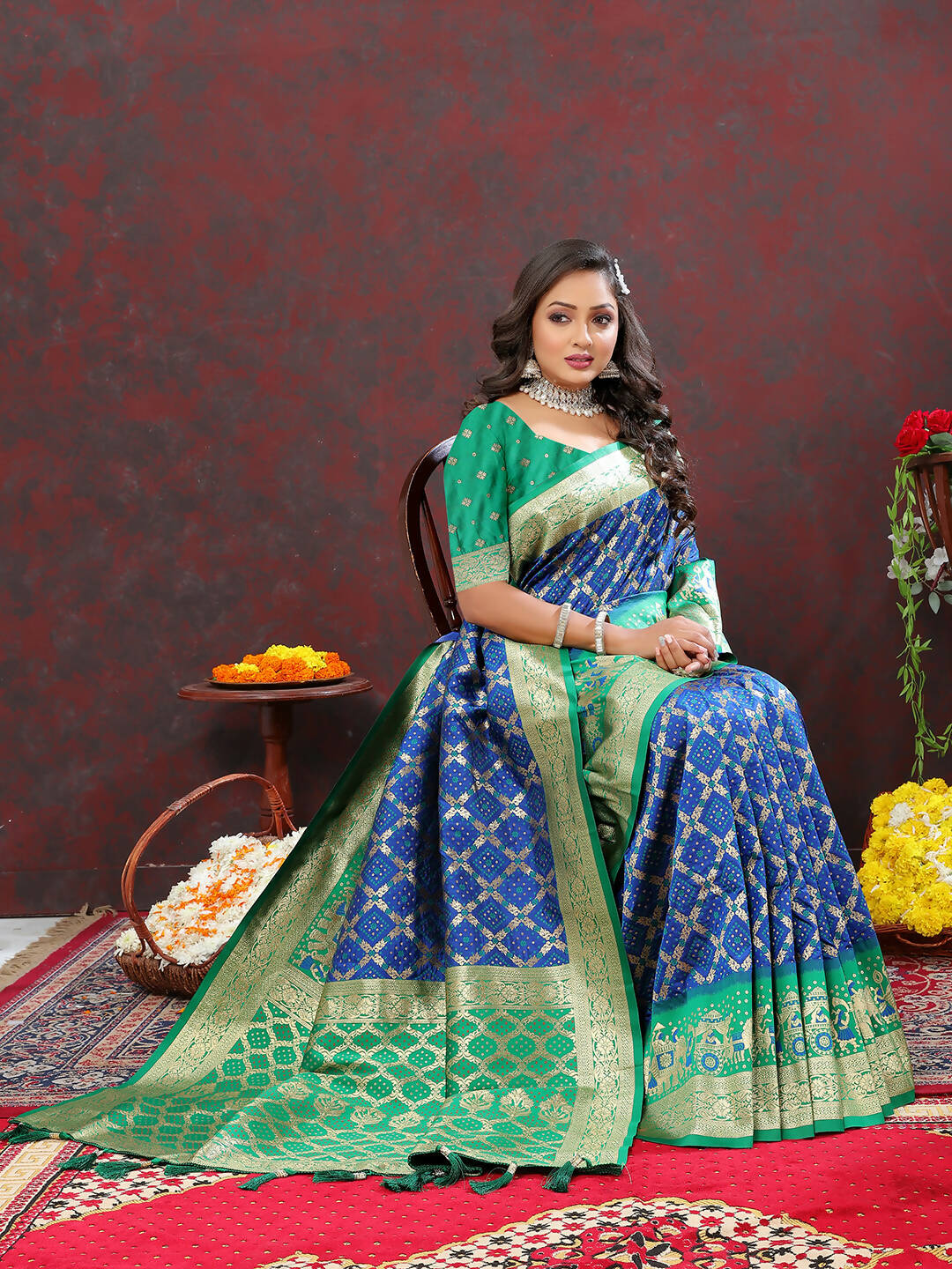 Lorenvalley Fashion Blue & Green Patola Silk Woven Design Meenakari Weaving Saree - Distacart