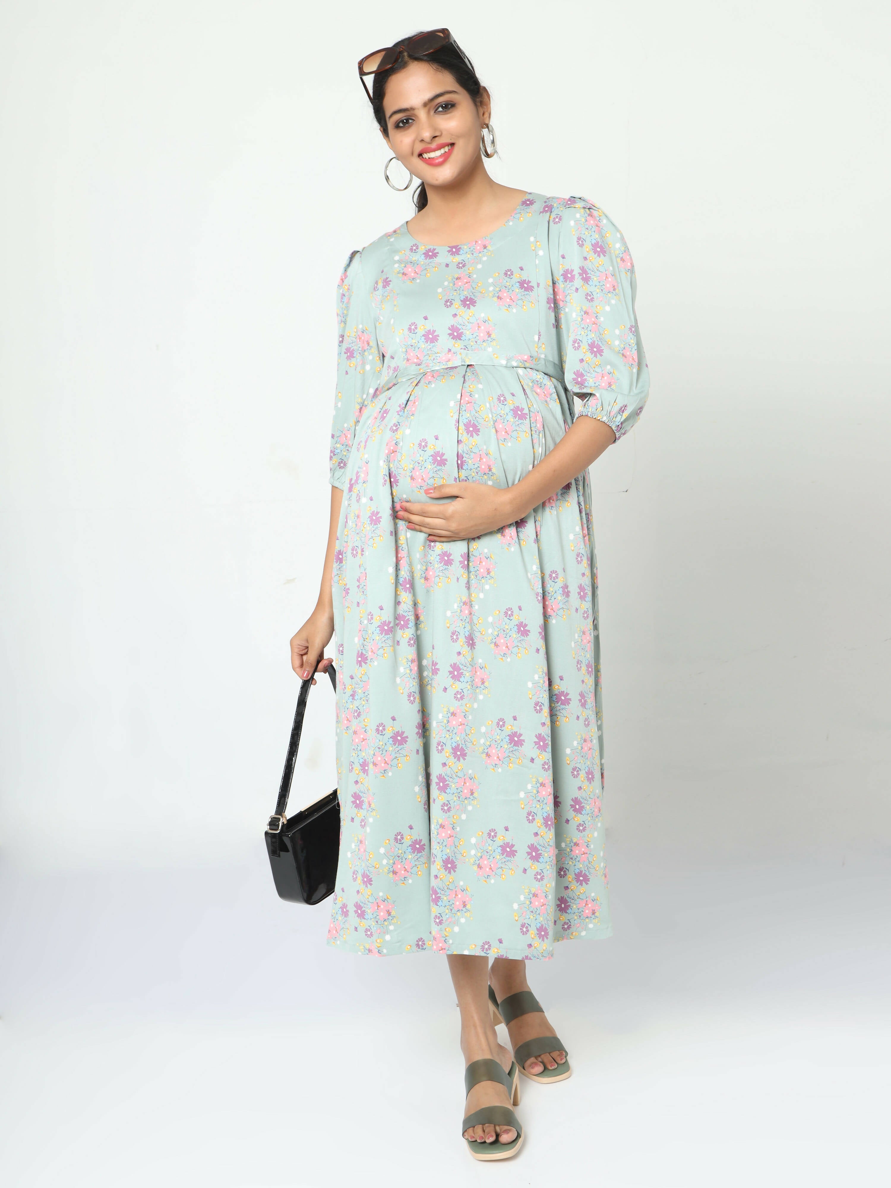 Manet Three Fourth Maternity Dress Pink Floral Print With Concealed Zipper Nursing Access - Green - Distacart