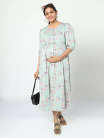 Thumbnail for Manet Three Fourth Maternity Dress Pink Floral Print With Concealed Zipper Nursing Access - Green - Distacart