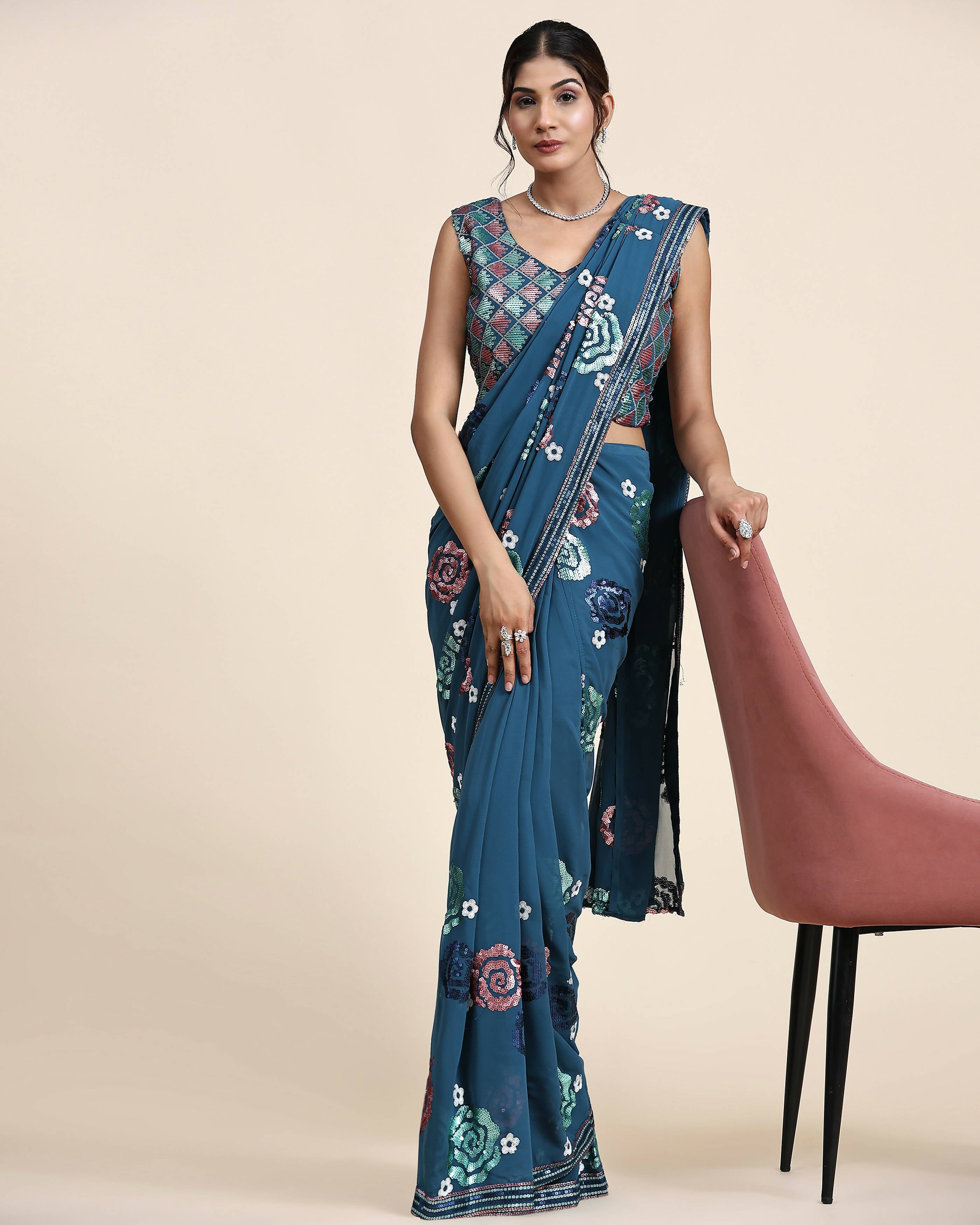 Blue Pure Georgette Sequence work Ready to wear Saree with stitched Blouse - Nirvana - Distacart