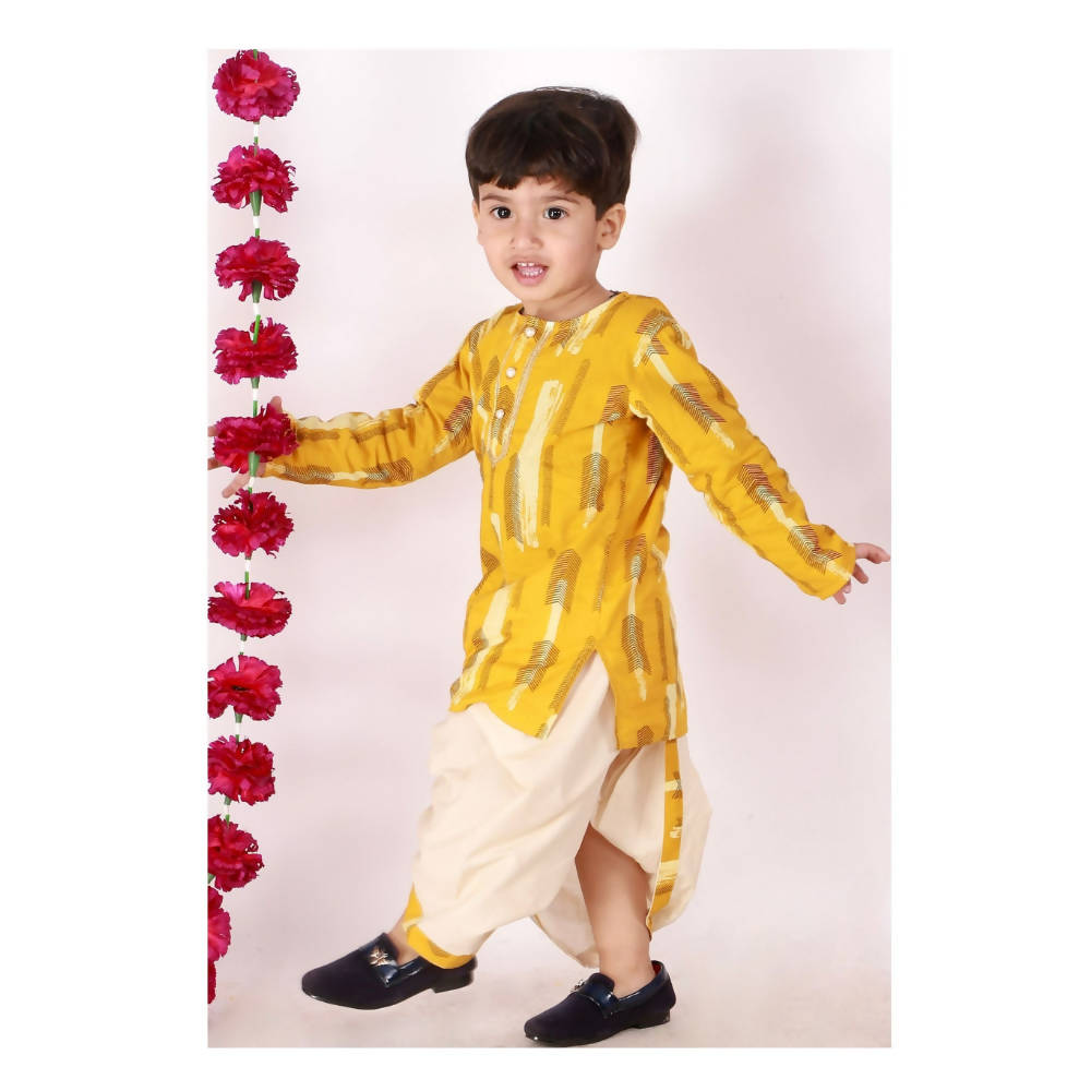 Little Bansi Yellow and Cream Color Feather print Kurta and Dhoti