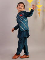Thumbnail for Lil Drama Boys Kurta Pyjama With Jacket Set - Teal Blue - Distacart