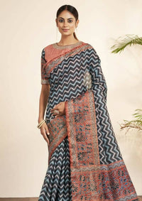 Thumbnail for Blue Bhagalpuri Silk Stripe printed with Stone Work & Hand Work Saree - Norita Nirvi - Distacart