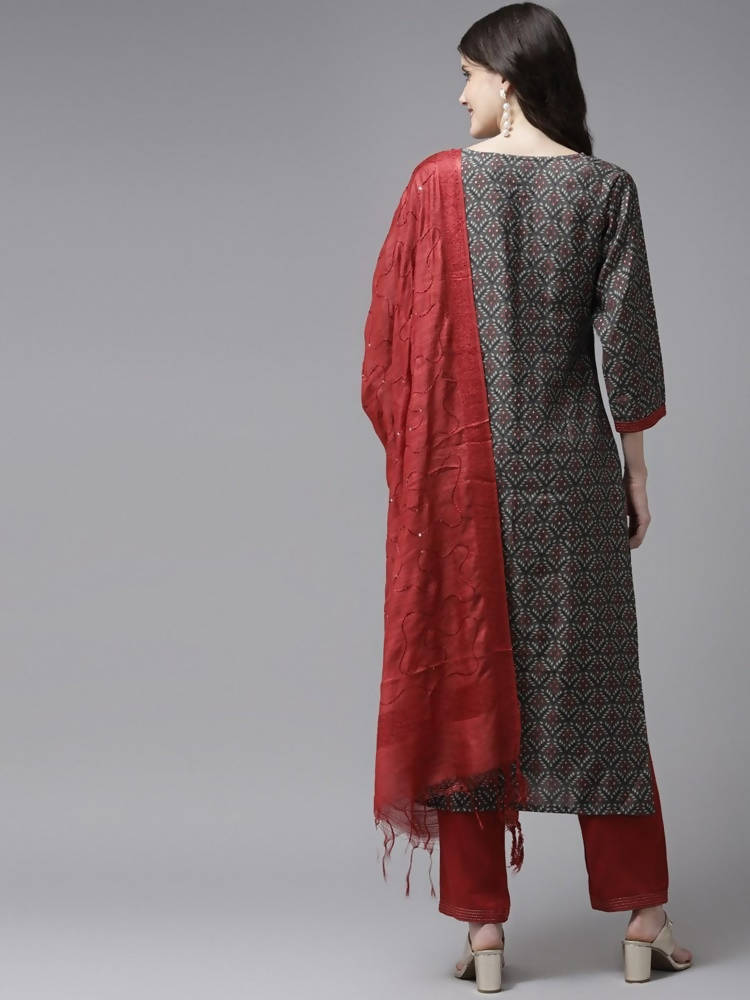 Yufta Women Grey Ethnic Motifs Printed Regular Sequinned Pure Cotton Kurta with Palazzo & With Dupatta