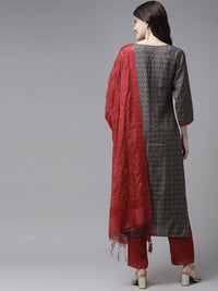 Thumbnail for Yufta Women Grey Ethnic Motifs Printed Regular Sequinned Pure Cotton Kurta with Palazzo & With Dupatta