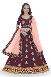 Thumbnail for Dwiden Maroon Kamal Tafetta Sattin Semi-Stitched Girl's Lehenga Choli - Distacart