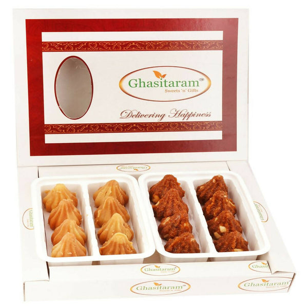 Ghasitaram White Box of Dodha Barfi and Mysore Pak Modaks - Distacart