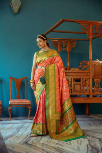 Thumbnail for Vishnu Weaves Women's Gajri Patola Banarasi Silk Meenakari Zari Woven Saree with Blouse - Distacart
