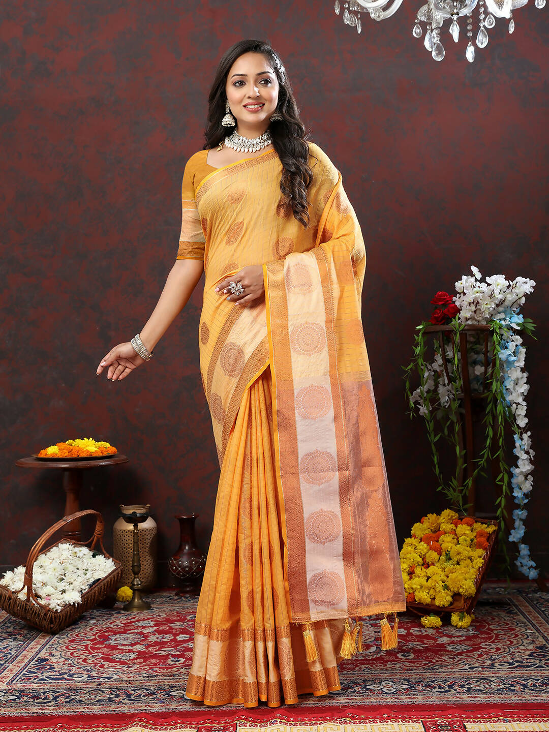 Lorenvalley Fashion Orange Cotton with Woven Design Zari Weaving Saree - Distacart