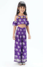 Thumbnail for Lil Drama Trunk Tales Girls Purple Crop Top With Pants Co-Ordinate Set - Distacart