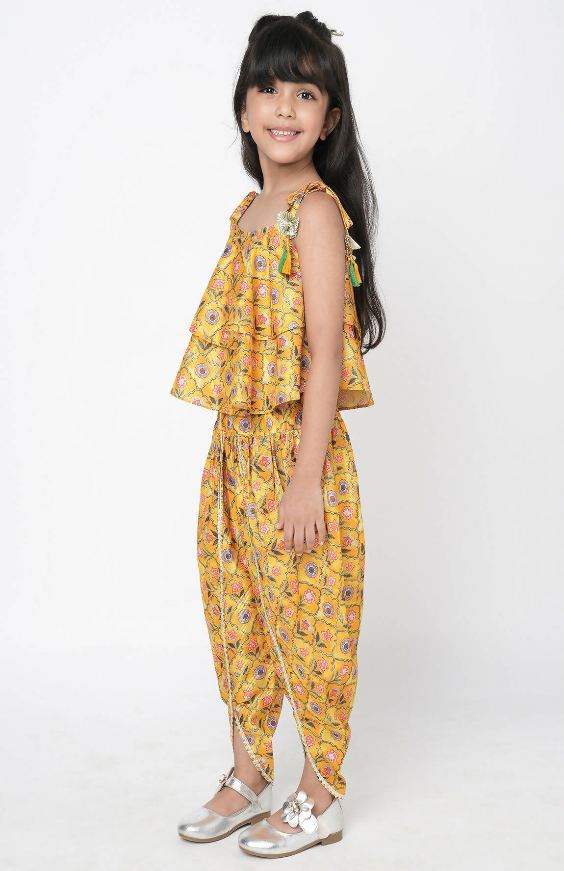 Lil Drama Golden Weaves Yellow Crop Top With Dhoti Co-Ordinate Set - Distacart