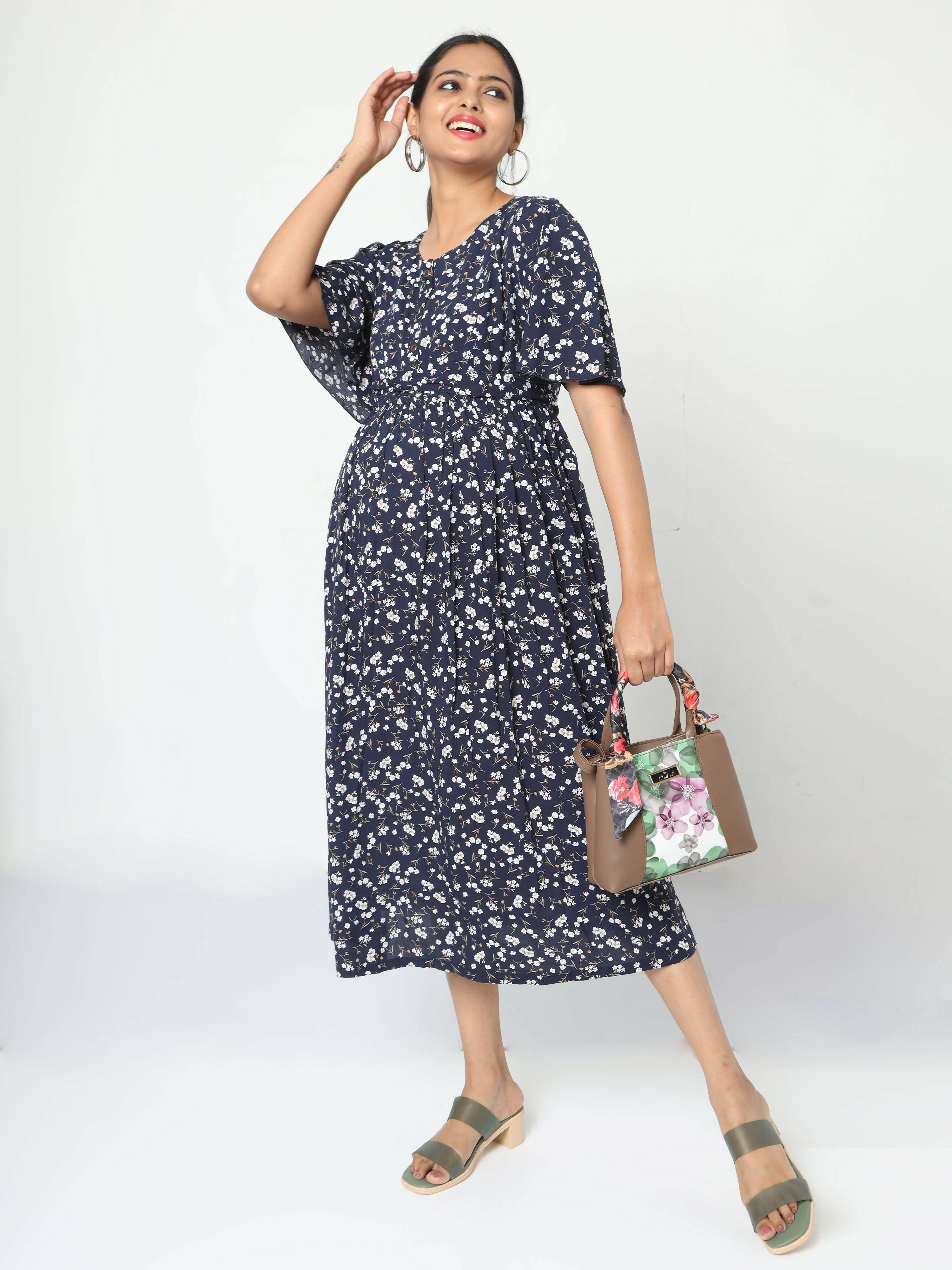 Manet Frill Slevees Maternity Dress Floral Print With Concealed Zipper Nursing Access - Navy - Distacart