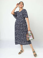 Thumbnail for Manet Frill Slevees Maternity Dress Floral Print With Concealed Zipper Nursing Access - Navy - Distacart