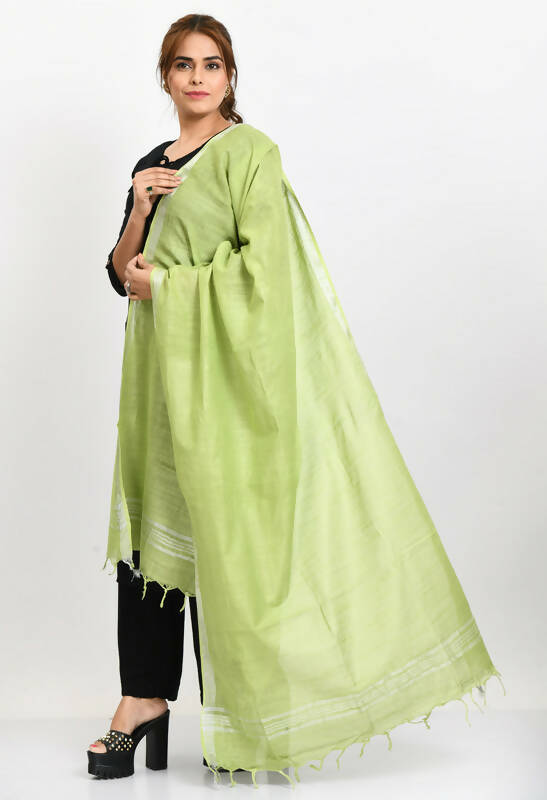 Mominos Fashion Moeza Women's Linen Cotton Silver Border Parrot Green Dupatta - Distacart