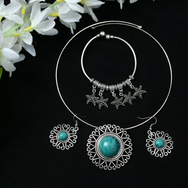 Mominos Fashion Johar Kamal Oxidised Silver-Plated Stone Work Necklace Handicraft - Distacart