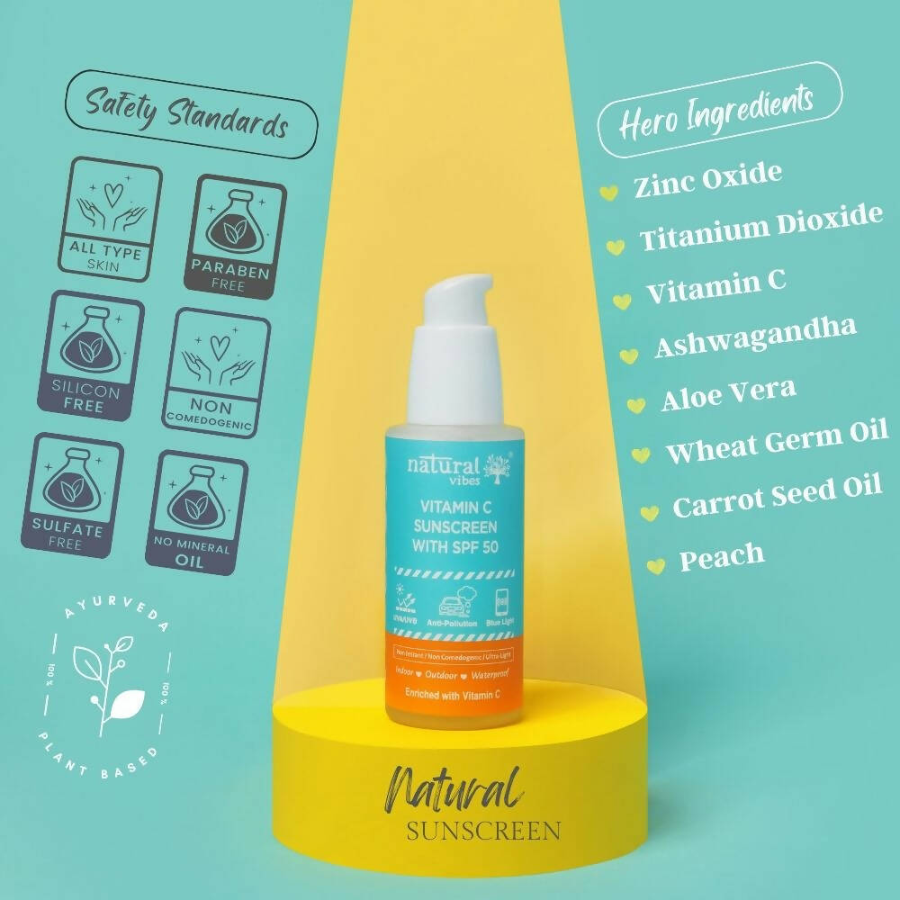 Natural Vibes Vitamin C Sunscreen SPF 50 + - UVA/UVB rays, Blue Light & Pollution Protection - Distacart