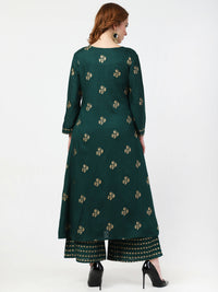 Thumbnail for Cheera Embellished Daily Wear Cotton Blend Kurta With Palazoo - Bottle Green - Distacart
