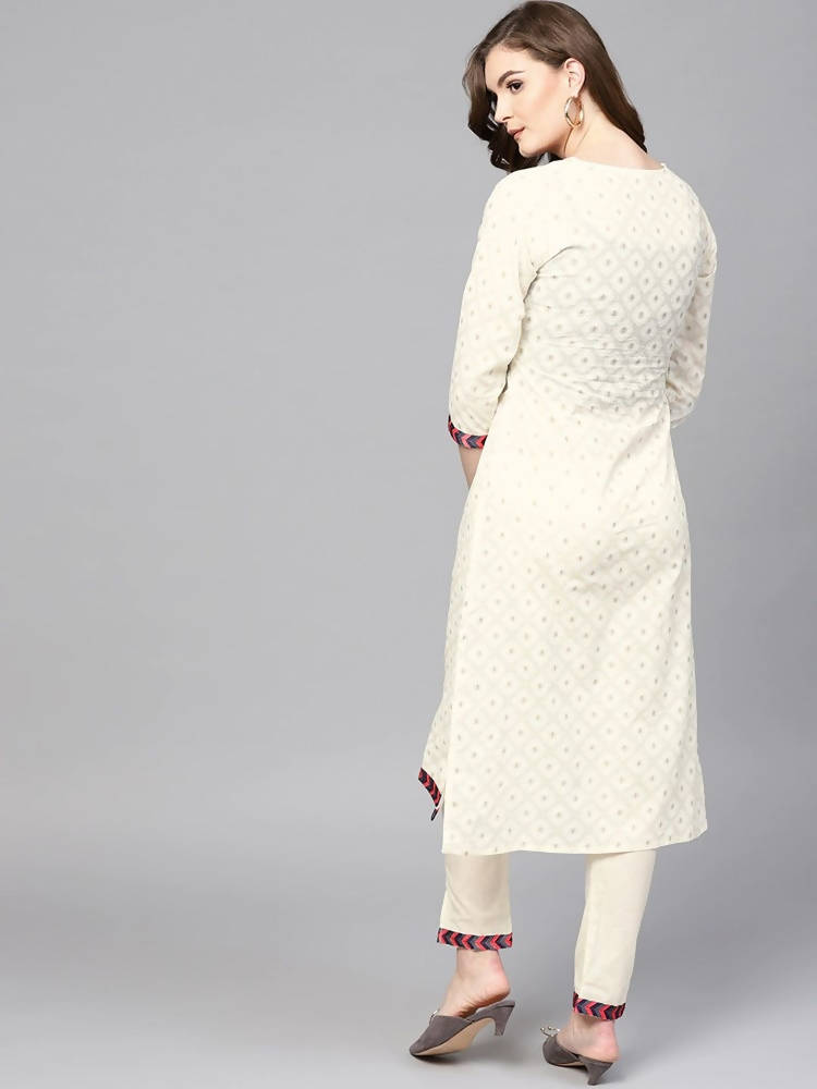 Yufta Women Off-White Printed Kurta with Trouser