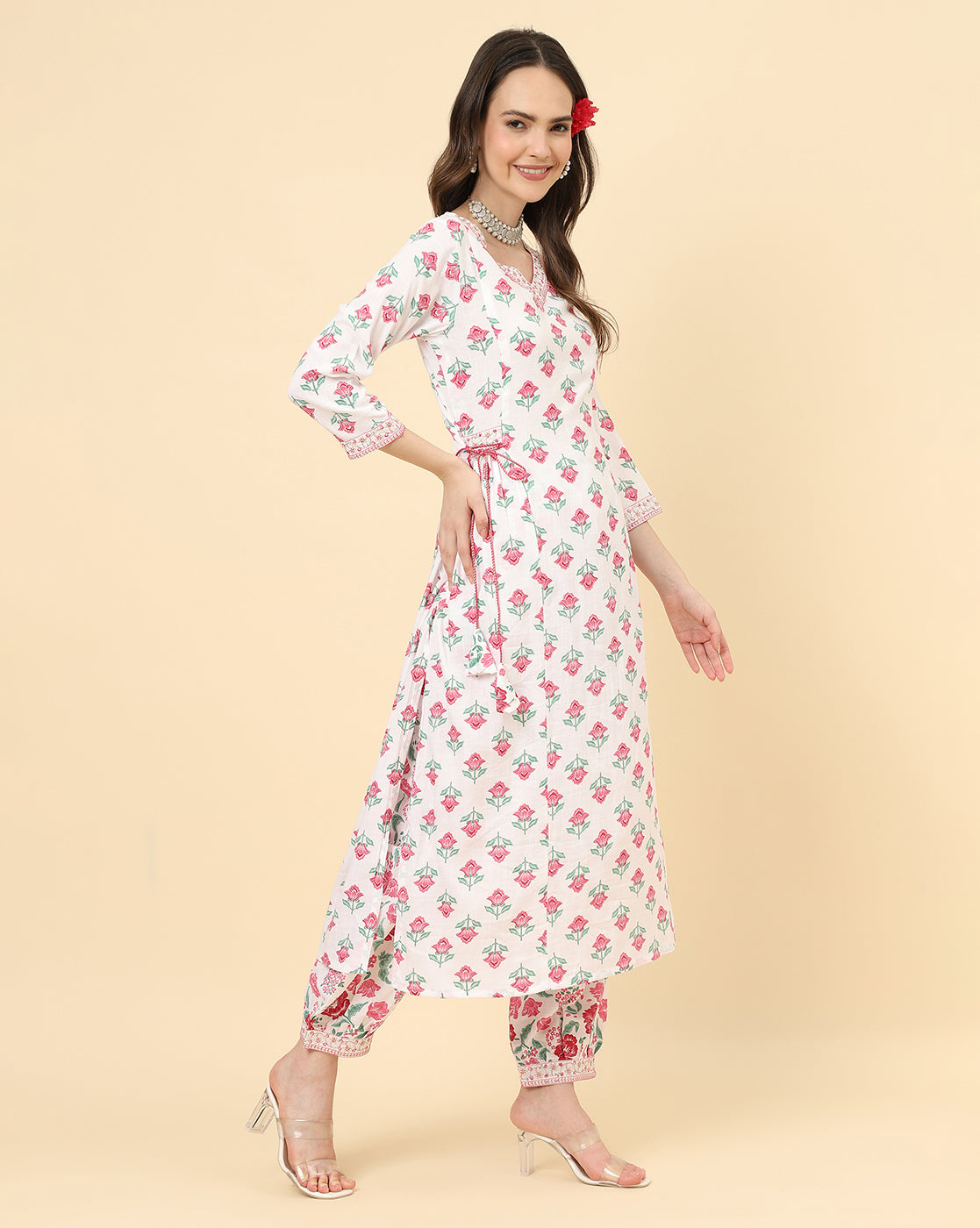 Varanga Women White Viscose Rayon Printed Regular Kurta With Trousers & Dupatta - Distacart